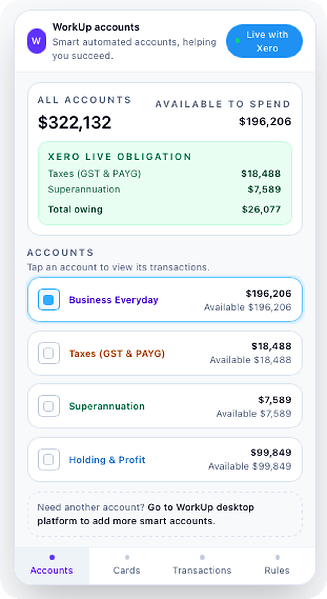 WorkUp mobile app showing accounts and tax obligations